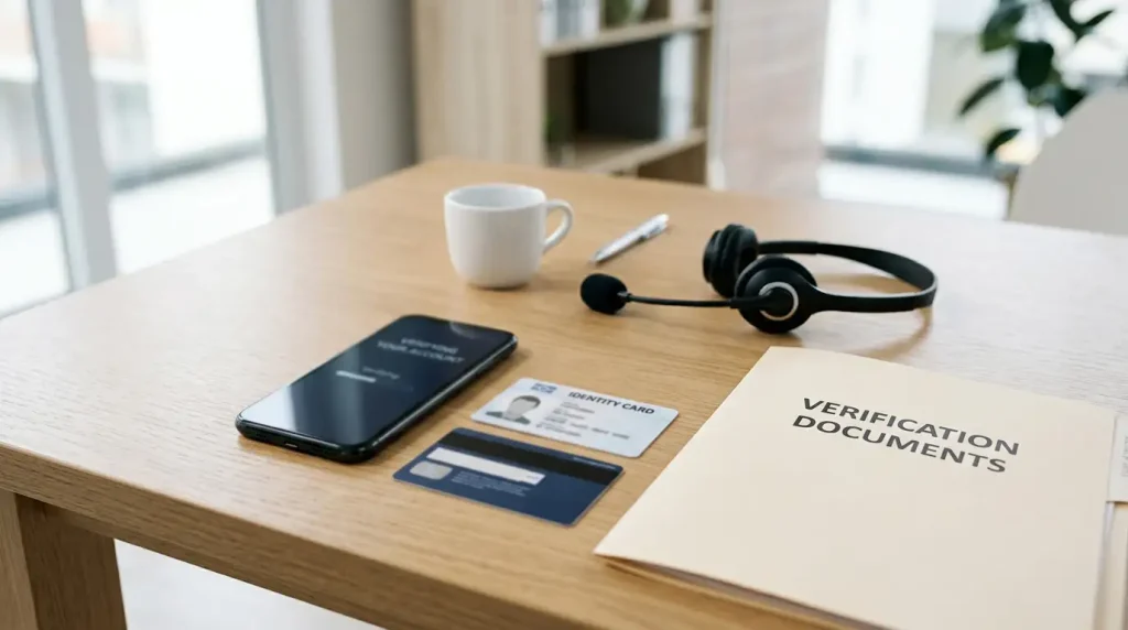 A neutral account verification scene with a phone, generic identity card, document folder and customer-support headset