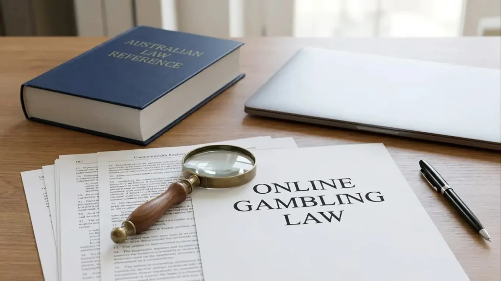 A desk with an Australian legal reference book, a laptop, a magnifying glass and printed registry pages
