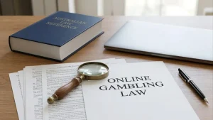 A desk with an Australian legal reference book, a laptop, a magnifying glass and printed registry pages