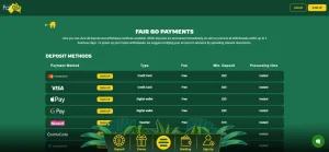 Fair Go Casino banking page with its payment-method table visible