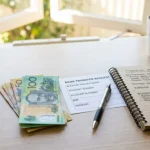 A calculator, Australian dollar notes, a generic digital wallet and a bank transfer form arranged for withdrawal planning
