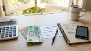 A calculator, Australian dollar notes, a generic digital wallet and a bank transfer form arranged for withdrawal planning